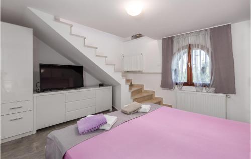 1 Schlafzimmer mit einem Bett, einem TV und einer Treppe in der Unterkunft Stunning Home In Veprinac With Wifi in Veprinac
