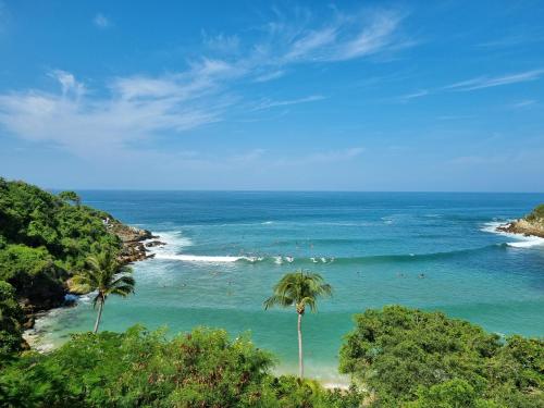 a beach with palm trees and people in the water at Casa La Paz 1 in Puerto Escondido