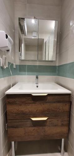 une salle de bain avec un lavabo et un miroir dans l'établissement Studio confort, plages proche, wifi, 2 lits - FAME MARINA BAIE DES ANGES, à Villeneuve-Loubet