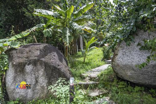 a garden with two large rocks and trees at Kimara Tayrona Hostel in El Zaino