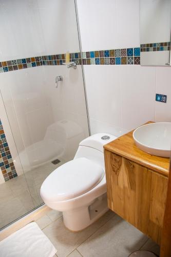 a bathroom with a toilet and a shower and a sink at Hotel Santa Laura in Jericó