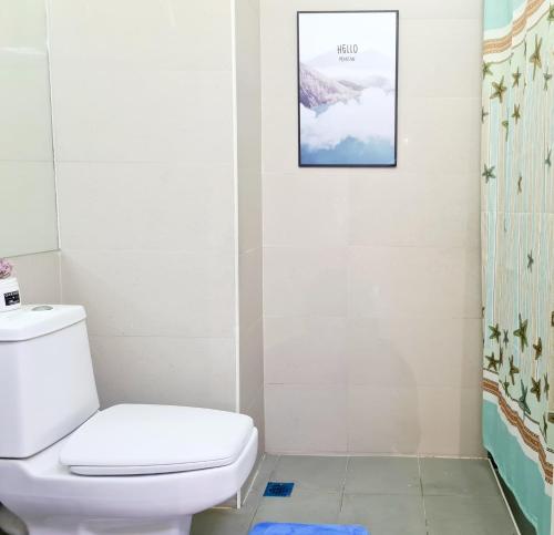 a bathroom with a toilet and a picture on the wall at 527 BeachHouse l 5 bedroom with swimming pool - 3min walk to the beach in Tanjung Bungah