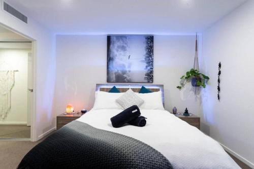a bedroom with a bed with a black object on it at Inner city 1 bedroom Apartment with Rooftop pool and Parking - Serain Residences in Brisbane