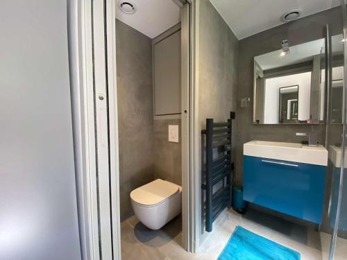 une salle de bain avec toilettes, lavabo et miroir dans l'établissement Studio refait à neuf avec piscine et parking, Les Issambres - FR-1-226-495, à Saint-Peïre-sur-Mer