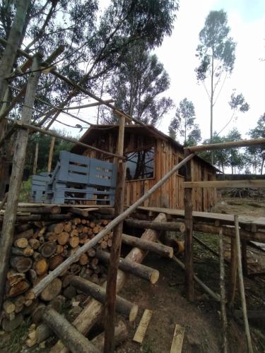 a log cabin in the woods with a pile of logs at La chala Guatavita in Guatavita
