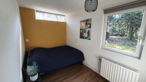 Un pequeño dormitorio con una cama azul y una ventana en Natuurhuis Boscoso met openhaard en elektr.fietsen, en Barchem