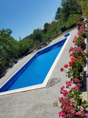 a swimming pool with a bench and some flowers at Pensiunea Casa Dacilor in Podeni
