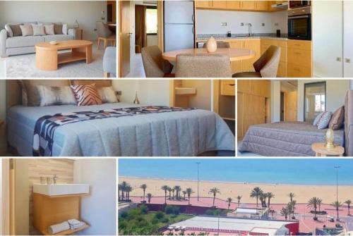 a collage of four pictures of a hotel room at Luxury Apartment 105sqm Terrace Seafront WIFI Unlimited in Agadir
