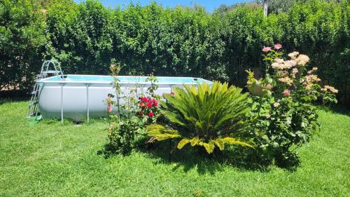 a bath tub in a garden with flowers and a bush at Casa de campo Aires de Gredos in Candeleda