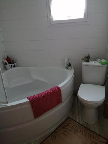 a bathroom with a white tub and a toilet at La petite maison dans la prairie 