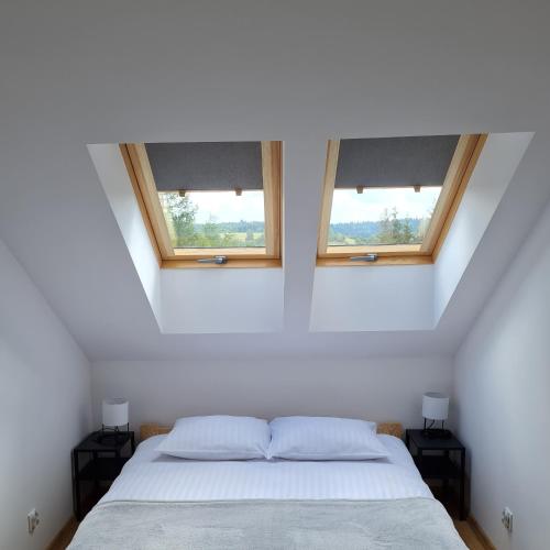 a bed in a room with two windows at Apartamenty Pod Dachem in Lutowiska