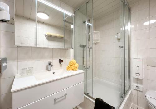 bagno con doccia, lavandino e servizi igienici di Hotel Thüringenschanze a Oberhof