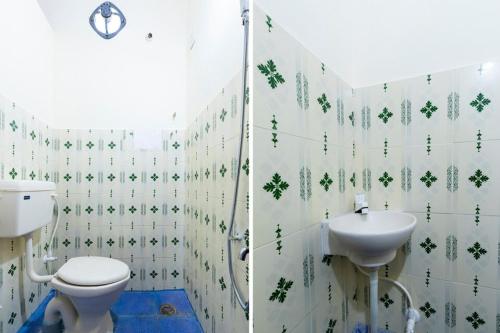 two pictures of a bathroom with a toilet and a sink at Sri Annapurneshwari Residency & Lodging in Hassan