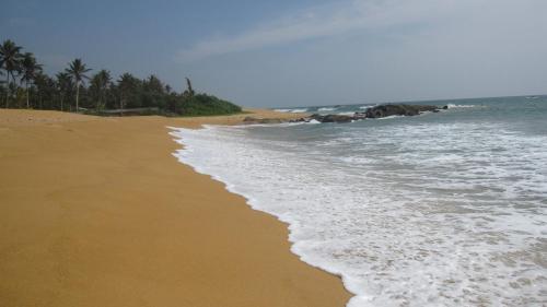 a beach with the ocean and palm trees at Villa Ranmenika in Ahungalla