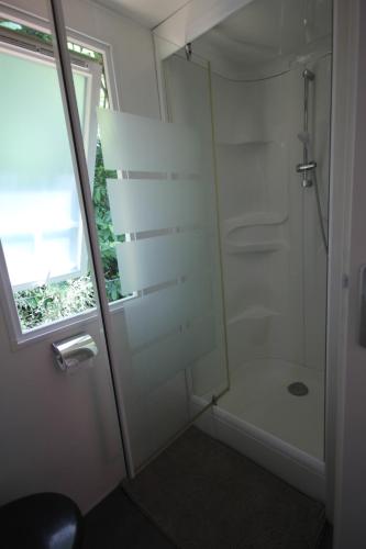 uma casa de banho com um chuveiro, um WC e uma janela. em Séjour au calme en pleine nature 