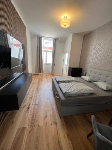 a large bedroom with a bed and a television at City Appartment 1 in Vienna