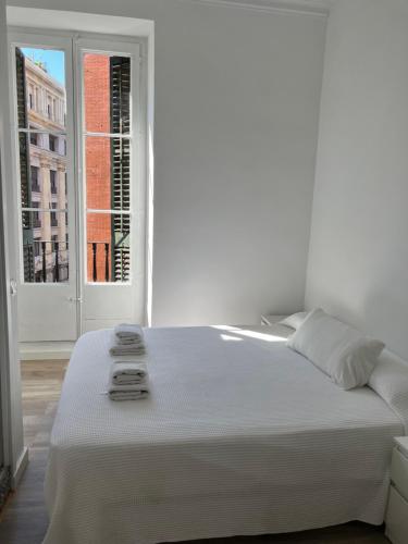 a white bed sitting next to a window next to a door at Hostal del Palau in Barcelona