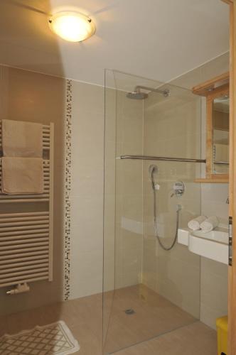 a bathroom with a glass shower with a sink at Tomasoethof in Castelrotto