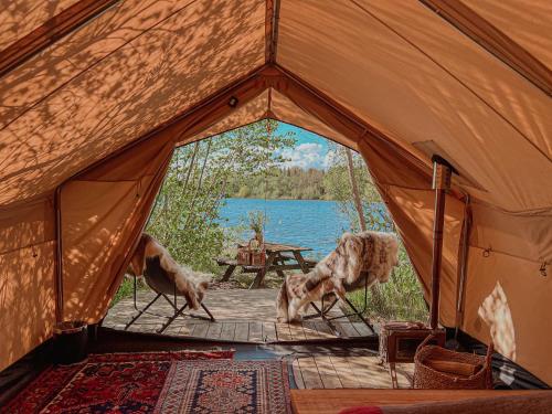 a tent with two dogs walking inside of it at Naturlig på Korsgården Glamping in Nysted