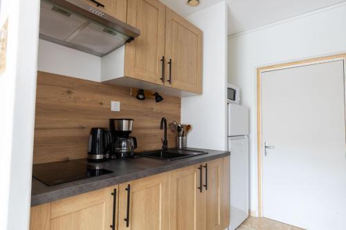una cocina con armarios de madera y fregadero en Studio Elément - Feu, en Saint-Aignan
