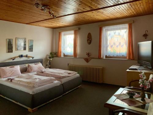Dormitorio con cama, escritorio y TV en Restaurace a penzion Na Růžku en Mořina