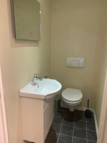 a bathroom with a sink and a toilet at Bo i hjertet av Sunnmøre in Ålesund