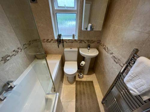 a bathroom with a toilet and a tub and a sink at Bright and Spacious Home in Port Tennant in Port Tennant