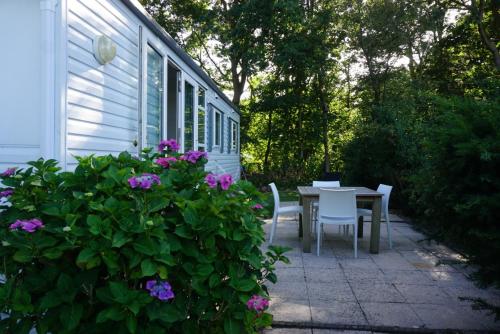 a patio with a table and chairs and purple flowers at KD 883 - Vakantiepark Kijkduin in The Hague