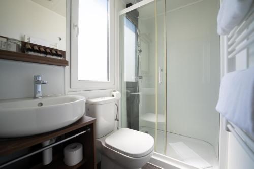 a bathroom with a toilet and a sink and a shower at Barbara Piran Beach Hotel in Piran