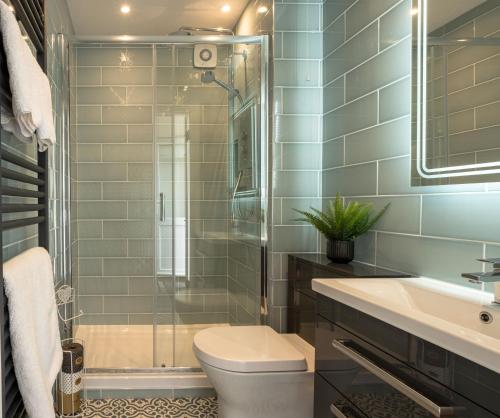 a bathroom with a toilet and a glass shower at The Stables @ Higher Stancombe Farm in Kingsbridge