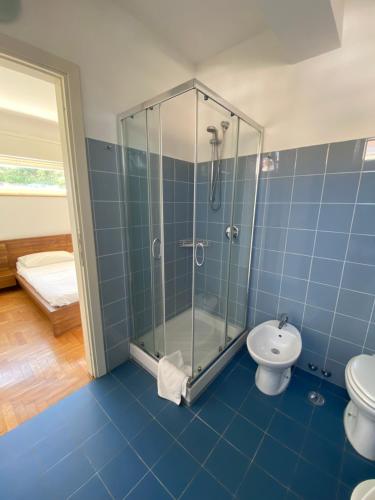 a blue tiled bathroom with a shower and a toilet at Domus in Terracina