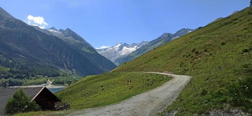 a dirt road on a hill with mountains in the background at Ferienwohnung Zillertaler Alpenblick in Zell am Ziller