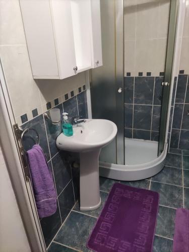 a bathroom with a sink and a shower with purple mats at Apartments Milijana in Soko Banja