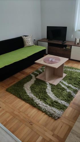 a living room with a green rug and a coffee table at Apartmans Milijana in Soko Banja