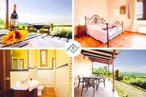 a collage of photos of a house with a bed and a wine bottle at Agriturismo Poggio Pistolese in Montaione