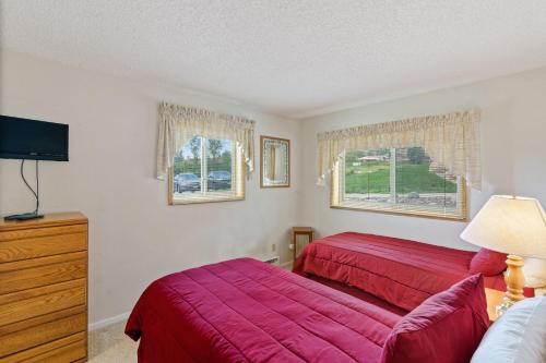 1 dormitorio con 2 camas, TV y ventanas en Shadow Run en Steamboat Springs