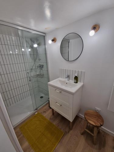 une salle de bain avec une douche, un lavabo et un miroir dans l'établissement Stella Cab'in, à Cucq