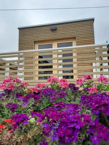 un jardín de flores frente a una casa en Hunsrück Chalet, 