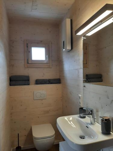 uma casa de banho com um lavatório, um WC e uma janela. em Hunsrück Chalet 