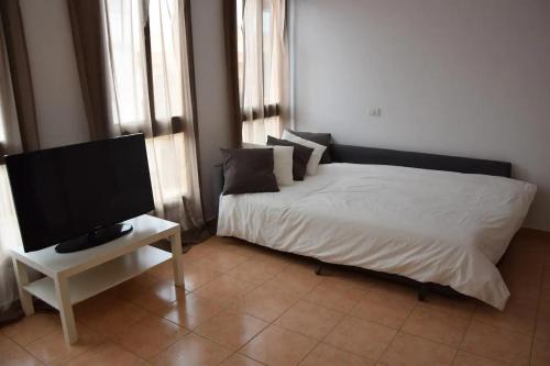 ein Schlafzimmer mit einem Bett und einem TV auf dem Tisch in der Unterkunft Bonito y tranquilo apartamento en Los Abrigos in Los Abrigos