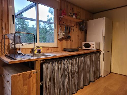 a kitchen with a counter with a microwave and a refrigerator at RiverHouse - Near River - Near Ocean - Near Porto in Porto