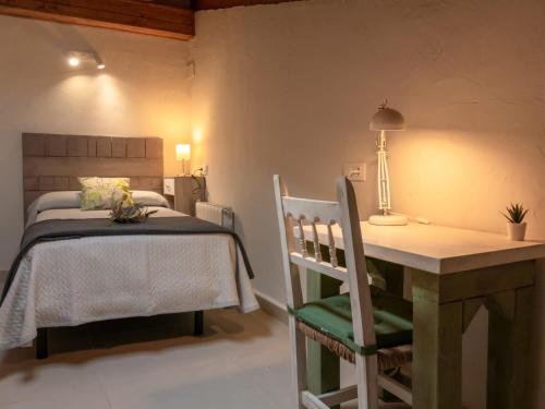 a bedroom with a bed and a table and a chair at Alojamientos Biarritz VISTA JARDÍN in Fuenteheridos
