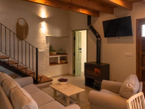 een woonkamer met een bank en een houtkachel bij Alojamientos Biarritz VISTA JARDÍN in Fuenteheridos
