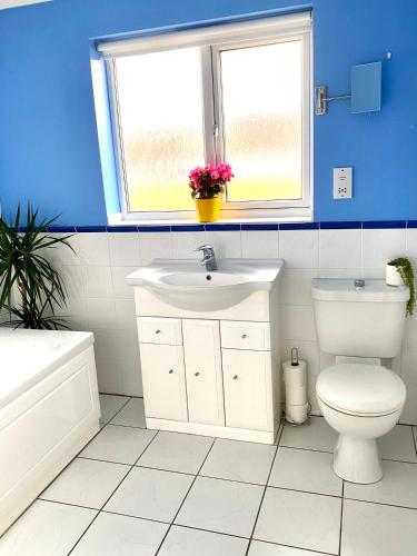 a bathroom with a sink and a toilet and a window at NEW! Luxury YELLOW HOUSE Bright Modern Detatched Home with PRIVATE PARKING, NETFLIX Close Luton, M1, and AIRPORT Ideal for Families, Professionals, Consultants, LONGER STAY OPTIONS in Caddington