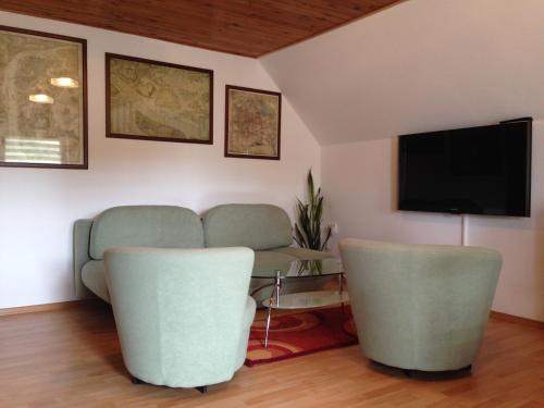 a living room with a couch and a tv at Apartment U Anděla in Dlouhá Ves