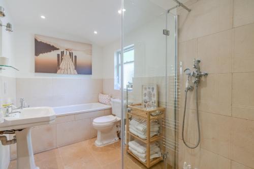 y baño con ducha, aseo y lavamanos. en Peartree Cottage en Chippenham