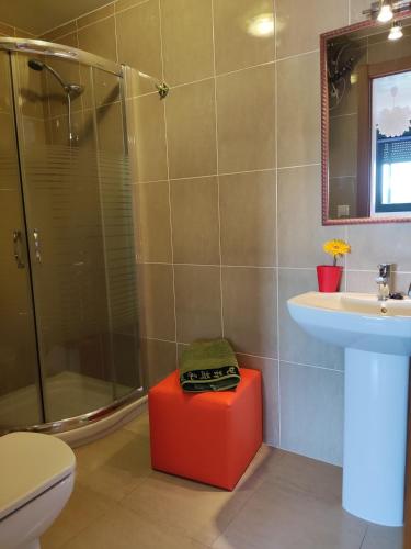 a bathroom with a shower and a toilet and a red stool at Apartamento Agarimo - La tranquilidad de una isla de menos de 5000 habitantes in Isla de Arosa