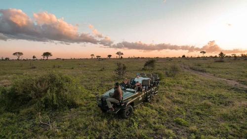 a group of people riding in a truck in a field at Umkumbe Bush Lodge - Luxury Tented Camp in Sabi Sand Game Reserve