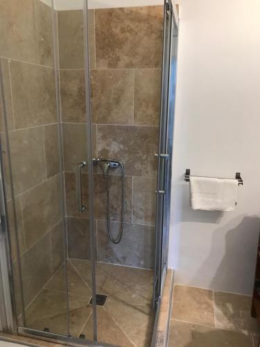 a shower with a glass door in a bathroom at Logis Hôtel Le Manoir & Lounge in Apt