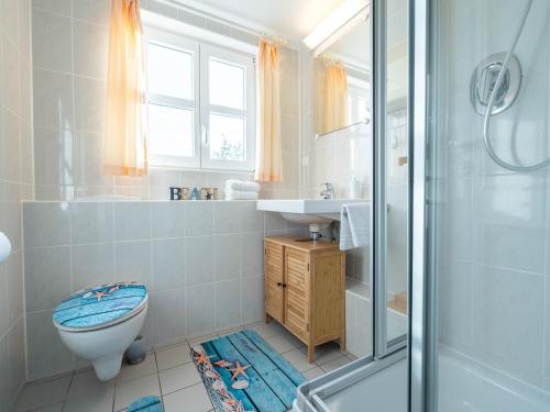 ein Badezimmer mit Dusche, Toilette und Waschbecken in der Unterkunft Feriendorf Rugana - Komfortplus Ferienwohnung mit 1 Schlafzimmer B12 in Dranske